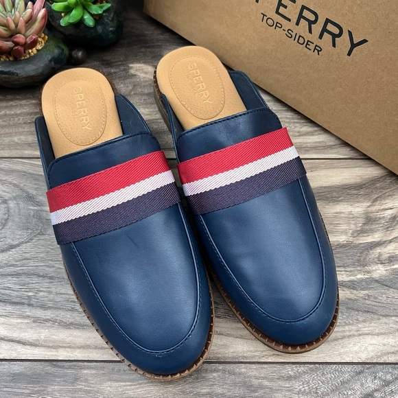 NIB Sperry Waypoint Leather Mule Slip On Shoes 8M Navy Memory Foam - Picture 2 of 12